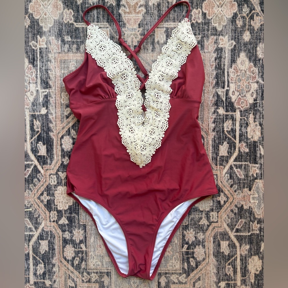 Burgundy One-Piece Swimsuit with Cream Crochet V-Neck